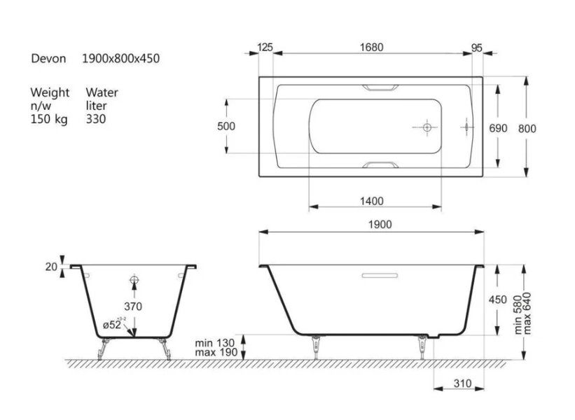 Чугунная ванна Vinsent Veron Devon VDV1807545H/VH0012BL, 180 x 75 см, ручки черные матовые, цвет белый - фото 2