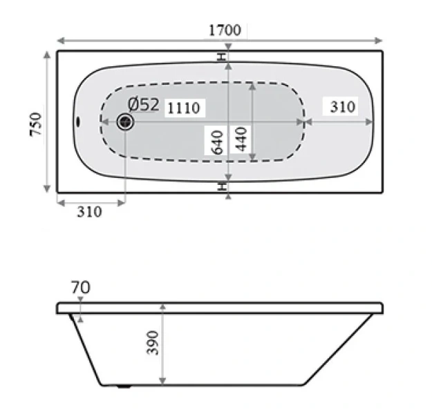 Ванна акриловая Vincea VBT-2S170, 170 x 75 см, без опоры, белый - фото 2