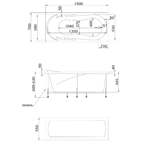 Ванна акриловая 1MarKa Medea 01ме1570кс2+, 150 x 70 см, цвет белый - фото 2