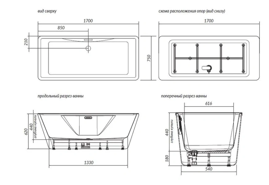 Ванна акриловая Aima Design Icon 170 x 75 см, отдельностоящая, белый, 01айк1775 - фото 2