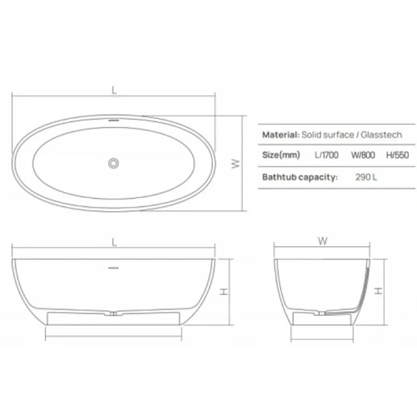 Ванна DEA Design Nature DD8647 1700 18, 170 х 80 см, из искусственного камня, цвет белый матовый, искусственный камень - фото 2
