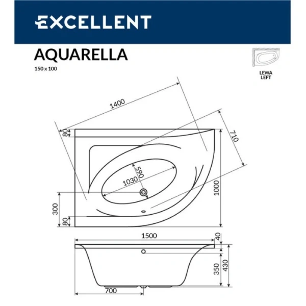 Ванна гидромассажная Excellent Aquarella Nano 150 x 100 см, цвет белый/золото, левая/правая, WAEX.ARL15.NANO.GL/WAEX.ARP15.NANO.GL - фото 2