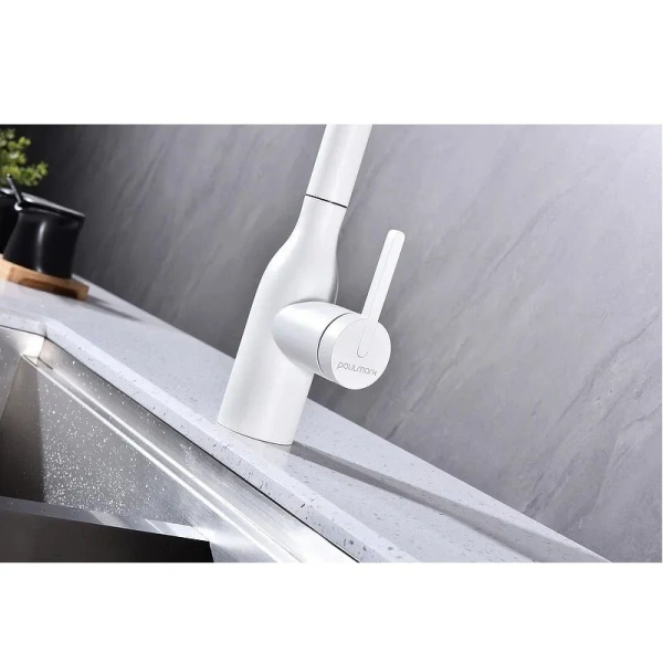 Смеситель для кухни Paulmark Viper белый матовый, с поворотным изливом - фото 7