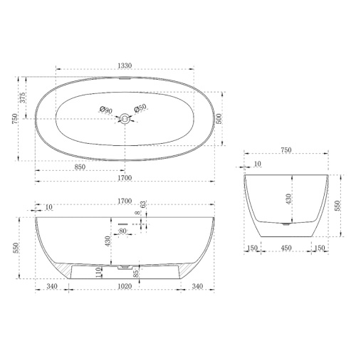 Ванна из искусственного камня Vincea 170x75 см белая матовая - фото 4