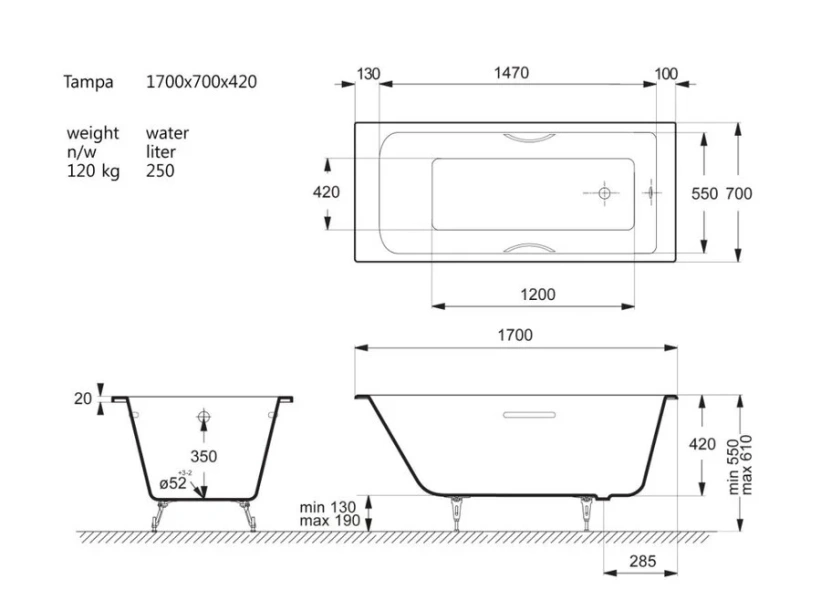 Чугунная ванна Vinsent Veron Tampa VTP1707042H/E60327CH, 170 x 70 см, ручки хром, цвет белый - фото 2