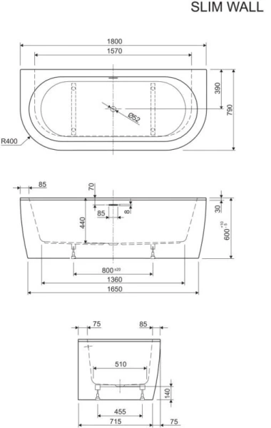 Ванна акриловая Cezares Slim 180x80 см белая, современныe, hi-tech - фото 3