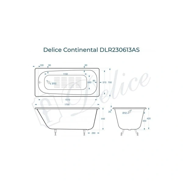 Ванна чугунная Delice Continental DLR230613-AS 170x70 пристенная - фото 2