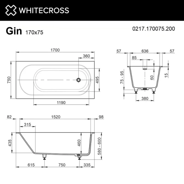 Ванна Whitecross Gin, 0217.170075.200, 170 х 75 см, искусственный камень, белая матовая, прямоугольные - фото 5