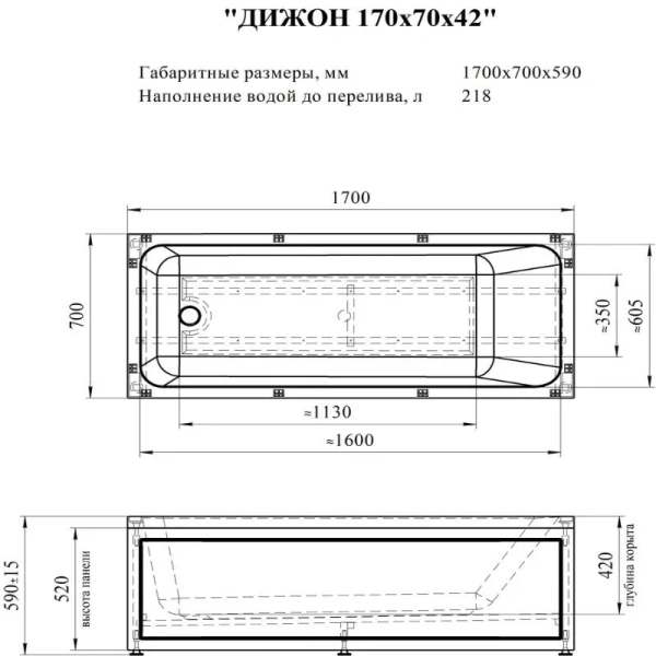 Акриловая ванна Радомир Дижон 2-01-0-0-1-264Р, 170 х 70 см, каркас разборный в комплекте, белая - фото 2