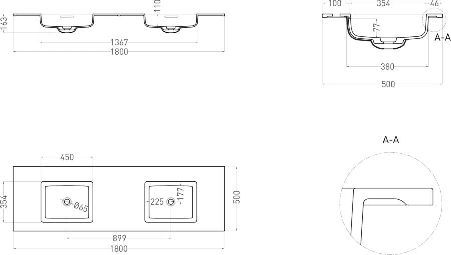Раковина Salini Onda 180 см 2 чаши, белый матовый, большая, прямоугольной формы, широкая - фото 5