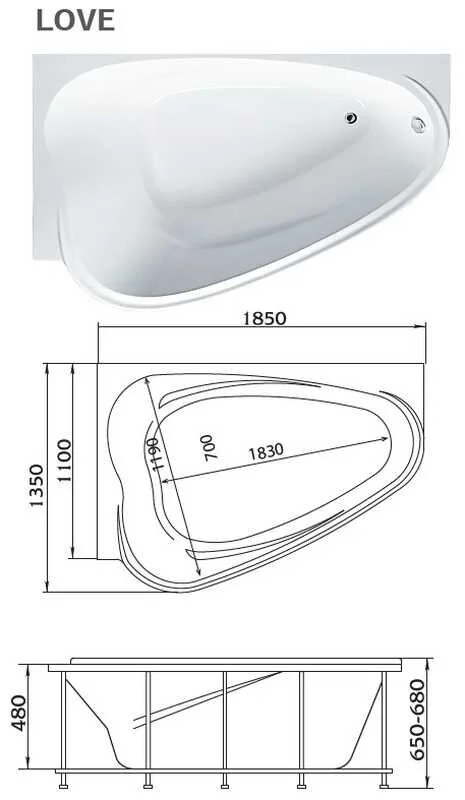 Ванна акриловая 1MarKa Love 185 x 135 см, асимметричная, белая, левая/правая - фото 2