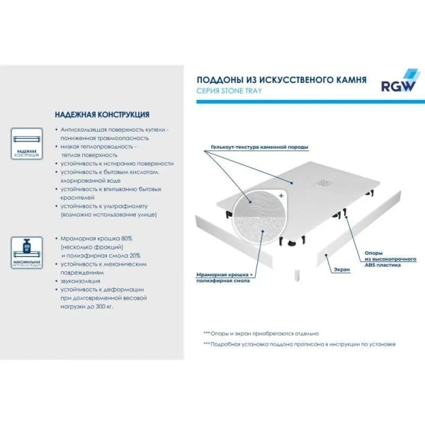 Душевой поддон RGW Stone Tray ST/R-W 100x100 см белый, из искусственного камня - фото 4