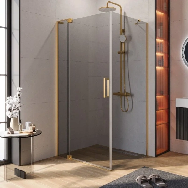Душевой уголок Cezares Slider 100х100 см стекло серое профиль брашированное золото - фото 1