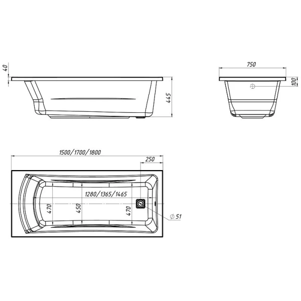 Ванна акриловая 1MarKa Prime 170 x 75 см, со скрытым сливом, белая, 01пра1775 - фото 2