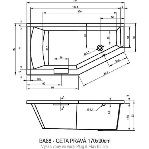 Акриловая ванна Riho Geta Plug & Play B031009005/B032010005, 170 x 90 см, цвет белый, левая/правая - фото 2