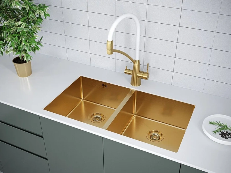 Мойка для кухни Paulmark Twin 78 см брашированное золото, прямоугольной формы - фото 4