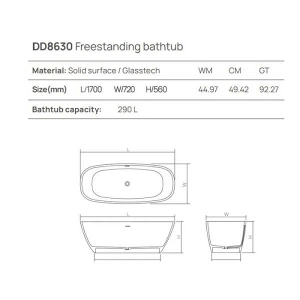 Ванна DEA Design Soul DD8630 1700 R6, 170 х 72 см, полиэфирная смола, цвет classic green - фото 2