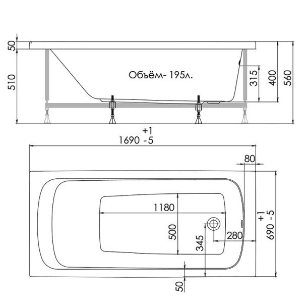Ванна акриловая 1ACReal Gamma 170, 170 х 70 см, белая, BBA-GA177X0-00U - фото 2