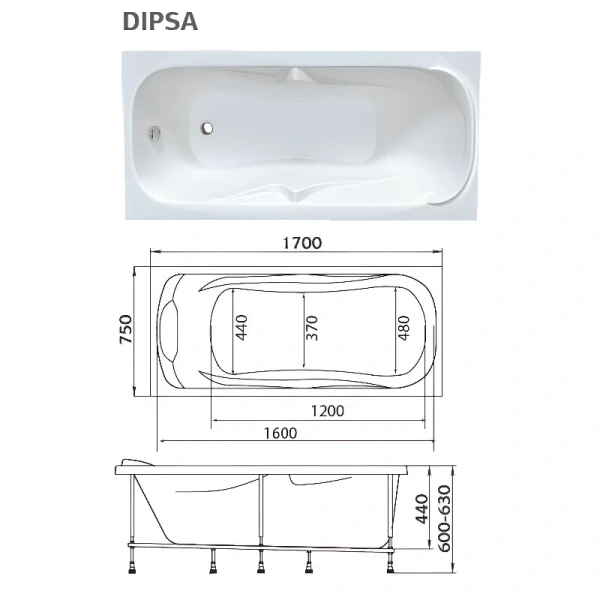 Ванна акриловая 1MarKa Dipsa 12017894кс2+, 170 x 75 см, цвет белый - фото 2