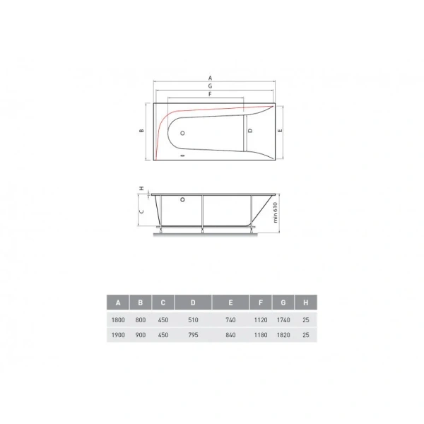 Ванна акриловая Vayer Boomerang 190.080.045, 190 х 90 см, 190х90 - фото 4