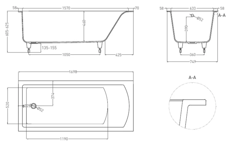 Ванна из искусственного камня Salini Cascata 170x75 см белый матовый, современныe, hi-tech - фото 3