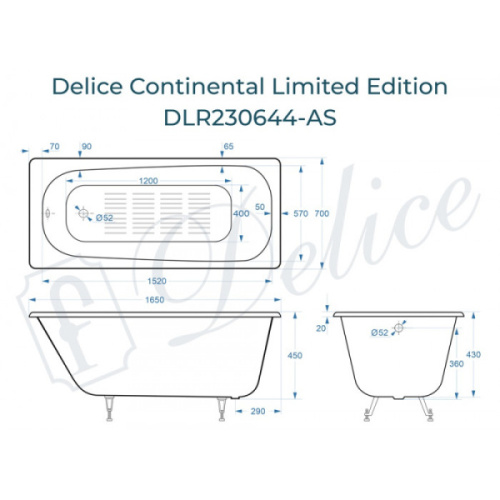 Ванна чугунная Delice Continental Limited Edition 165х70 см с антискользящим покрытием, без гидромассажа, большие - фото 6