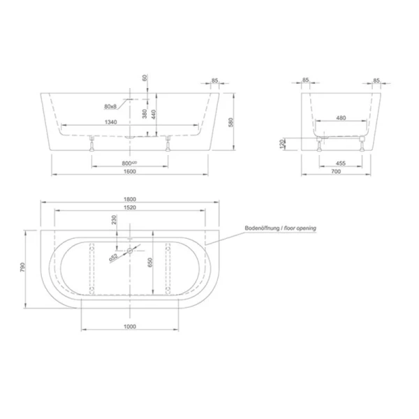 Ванна акриловая Knief Fresh Wall 0100-231 180 х 80 см, с щелевым сливом-переливом, 0100-277-06/0100-091-06 - фото 2