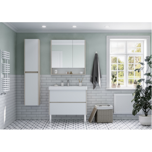 Зеркальный шкаф Акватон Сканди 90 см белый глянцевый/дуб верона, навесные - фото 4