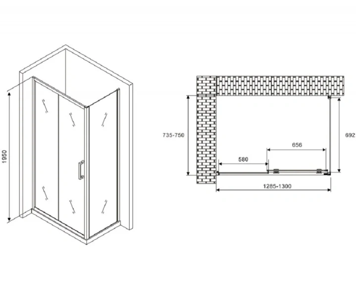 Душевой уголок Abber Schwarzer Diamant 130х75 см профиль черный, стекло прозрачное, прямоугольные - фото 2