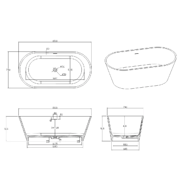 Акриловая ванна Timo ELISSA1500, 150 х 75 см, цвет белый, белые - фото 8