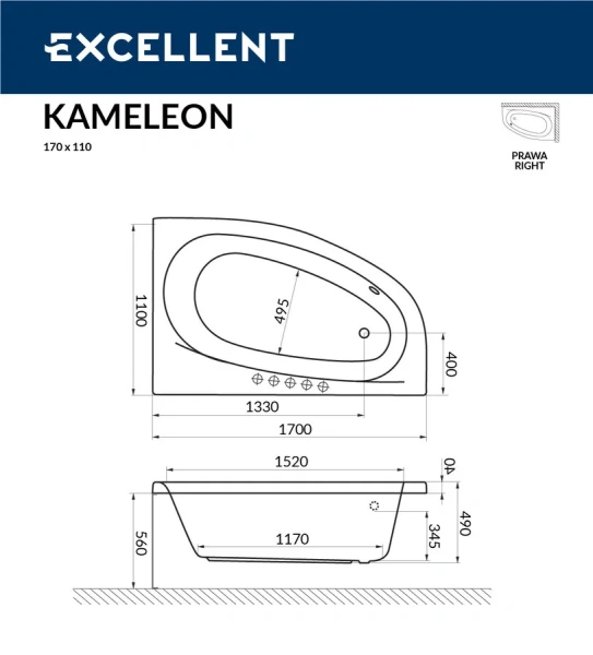 Ванна акриловая Excellent Kameleon 170 х 110 см (WAEX.KML17WH/WAEX.KMP17WH), без гидромассажа - фото 5