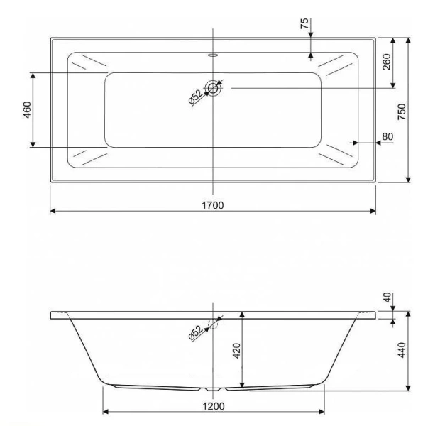 Ванна акриловая Cezares Plane-170-75-45-W37 прямоугольная - фото 3