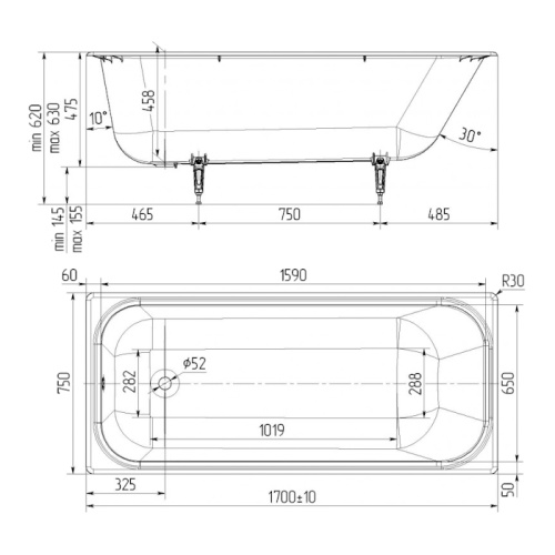 Ванна чугунная Универсал Ностальжи 170х75 см без отверстий под ручки - фото 2