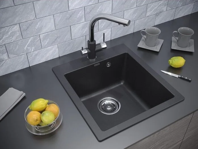 Мойка для кухни Paulmark Zemar 46 см кварцевая, черный металлик, прямоугольной формы - фото 4