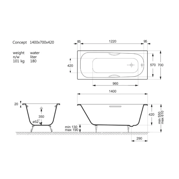 Чугунная ванна Vinsent Veron Concept VCO1407042H, 140 x 70 см, с отверстиями под ручки, цвет белый - фото 2