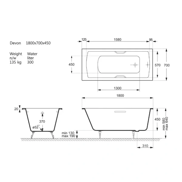 Чугунная ванна Vinsent Veron Devon VDV1807045H, 180 x 70 см, с отверстиями под ручки, цвет белый - фото 2