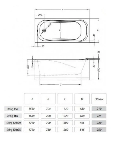 Ванна акриловая Kolpa-San String Basis 5010001, 150 х 70 см - фото 2