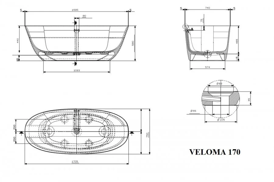 Ванна из искусственного камня Plumberia Selection Veloma, 170 х 75 см, матовый белый/черный, VELOMA 170BN - фото 2