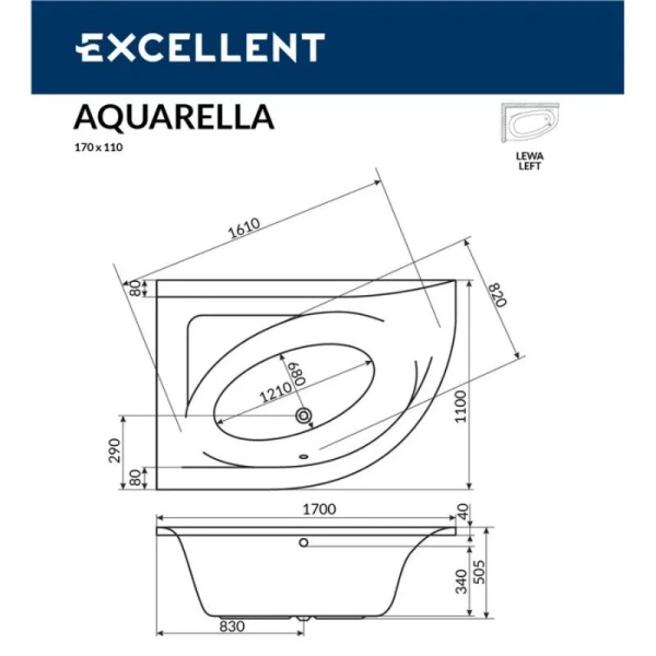 Ванна гидромассажная Excellent Aquarella Nano 170 x 110 см, цвет белый/золото, левая/правая, WAEX.ARL17.NANO.GL/WAEX.ARP17.NANO.GL - фото 2