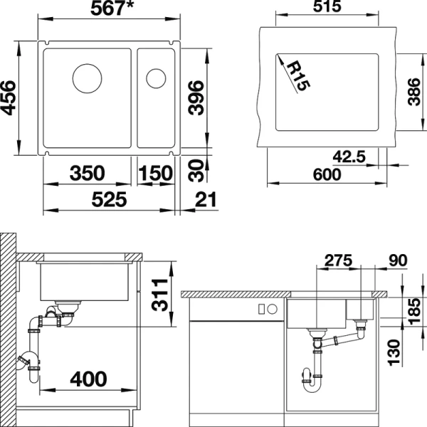 Мойка для кухни Blanco Subline 350/150-U 55.5см - фото 3