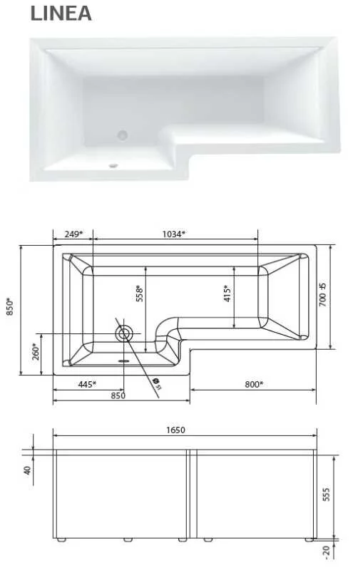 Ванна акриловая 1MarKa Linea, 165 х 85 см, асимметричная, цвет белый, левая/правая, угловые, приставные, встраиваемые - фото 6