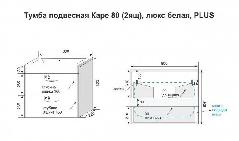 Тумба под раковину подвесная Style Line Каре 80 см белая, по запросу - фото 2