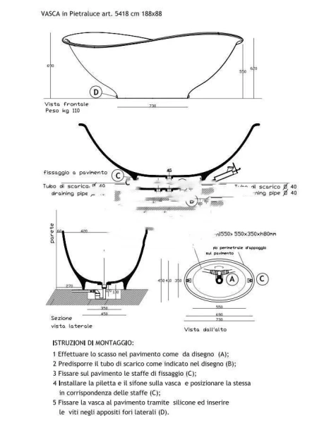 Ванна из литьевого мрамора Galassia MEG 11 5418, 188 х 88 х 69 см, белая - фото 2