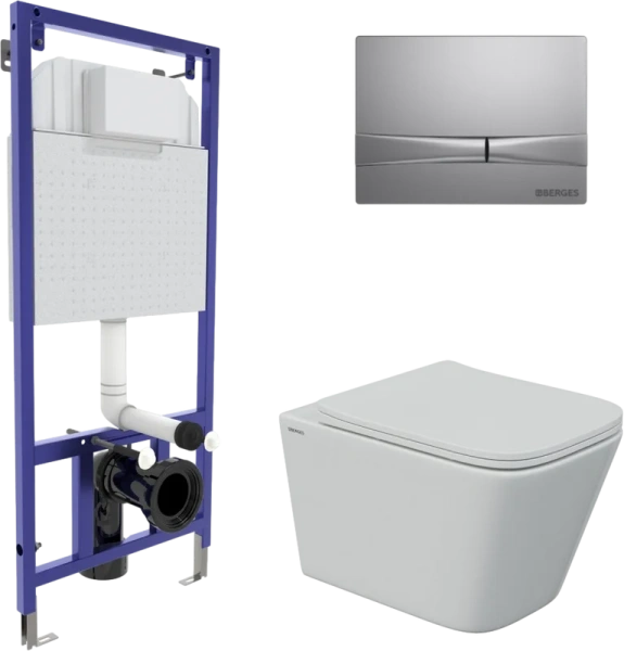 Унитаз с инсталляцией BERGES Floe клавиша F2 хром матовый - фото 1