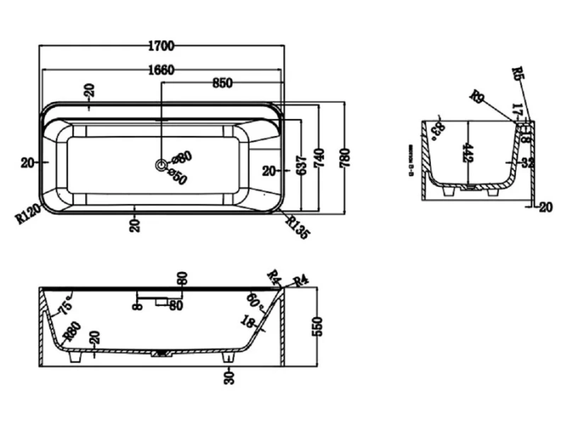 Ванна Uni-Flow Kube из искусственного камня Solid surface FS324-1700 Matt White, 170 х 78 см, белая матовая - фото 2