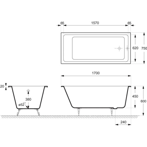 Ванна чугунная Delice Level 170x75 с отверстиями под ручки, чугунные - фото 2