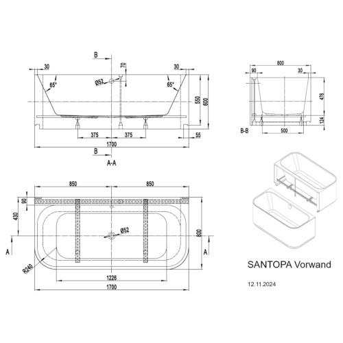 Ванна акриловая Vagnerplast Santopa 170×80 см приставная - фото 3