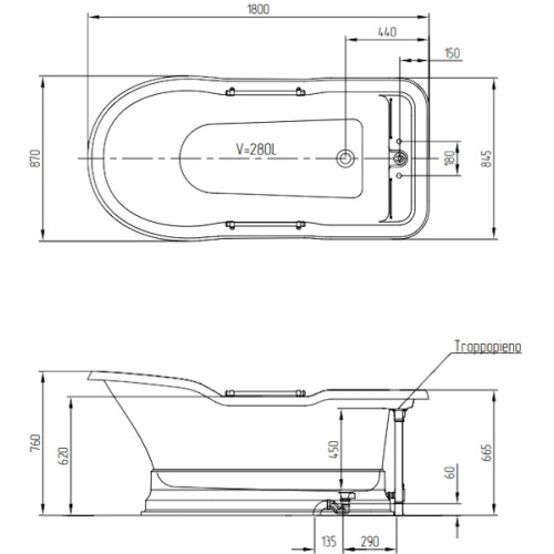 Ванна из искусственного камня Migliore Impero Podium 180х87 см фурнитура хром - фото 3