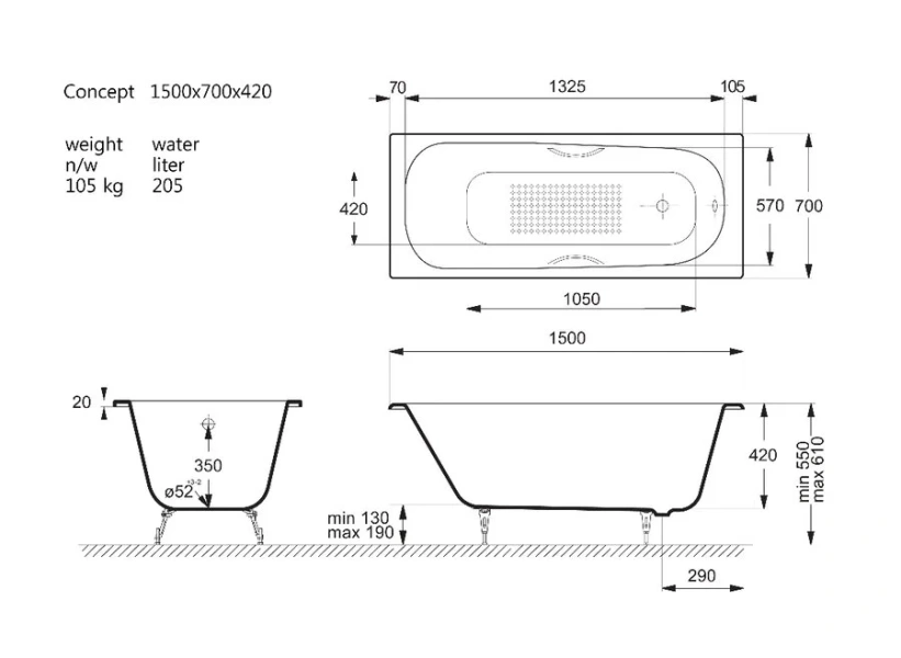 Чугунная ванна Vinsent Veron Concept VCO1507042H/VH0015CH-AS, 150 x 70 см, с антискользящим покрытием, ручки хром, цвет белый - фото 4