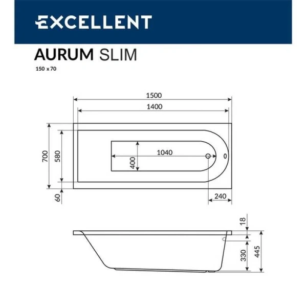 Ванна акриловая Excellent Aurum Slim Aero 150 x 70 см, с аэромассажем, WAEX.AUR15S.AERO.CR - фото 3